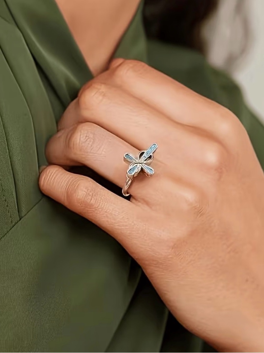 Turquoise Cross Silver Ring - Women's Fashion Jewelry - Picture 4 of 4